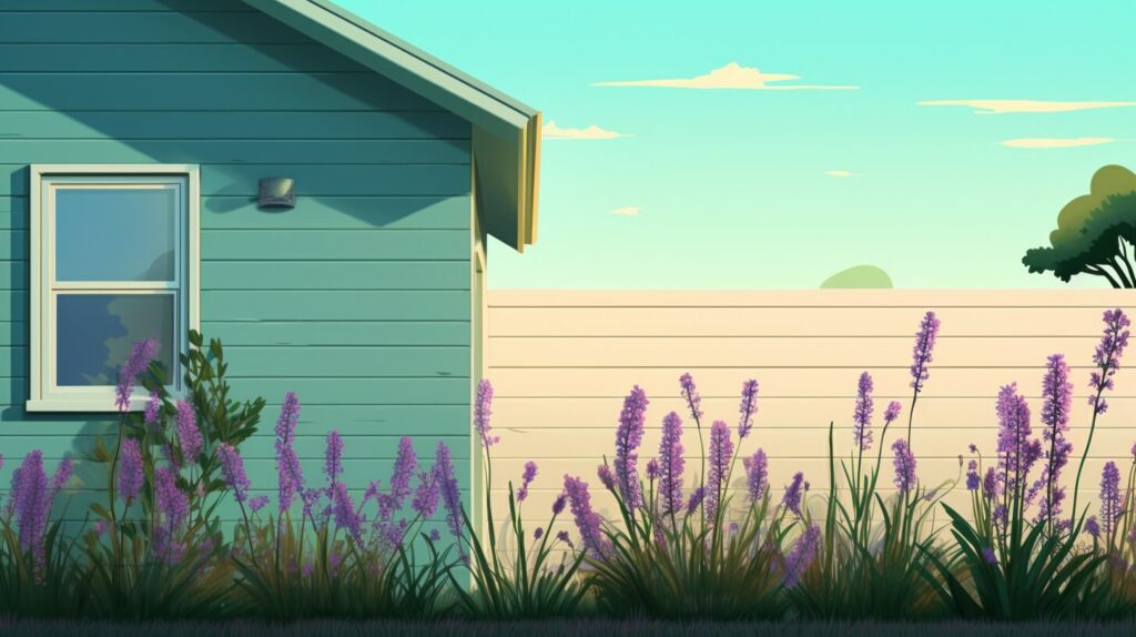 overgrown garden with lavender along the side of a blue home