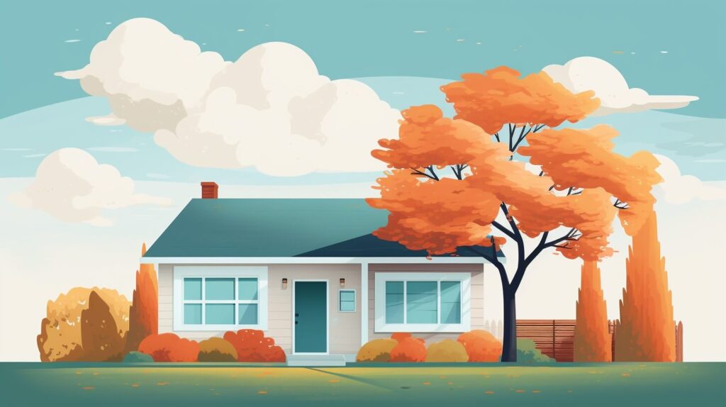 a small white house with orange trees and shrubs