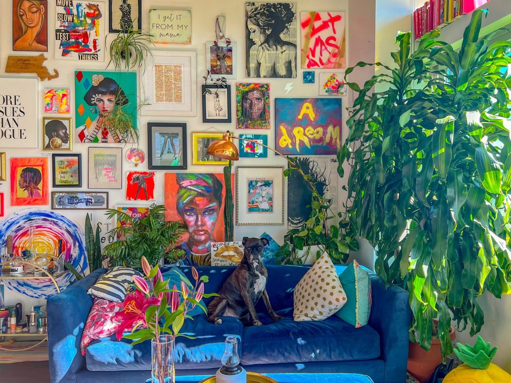 maximalist living room with eccentric paintings and colors