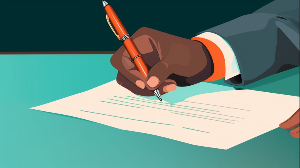 An upclose image of a man's hand signing a contract with a pen