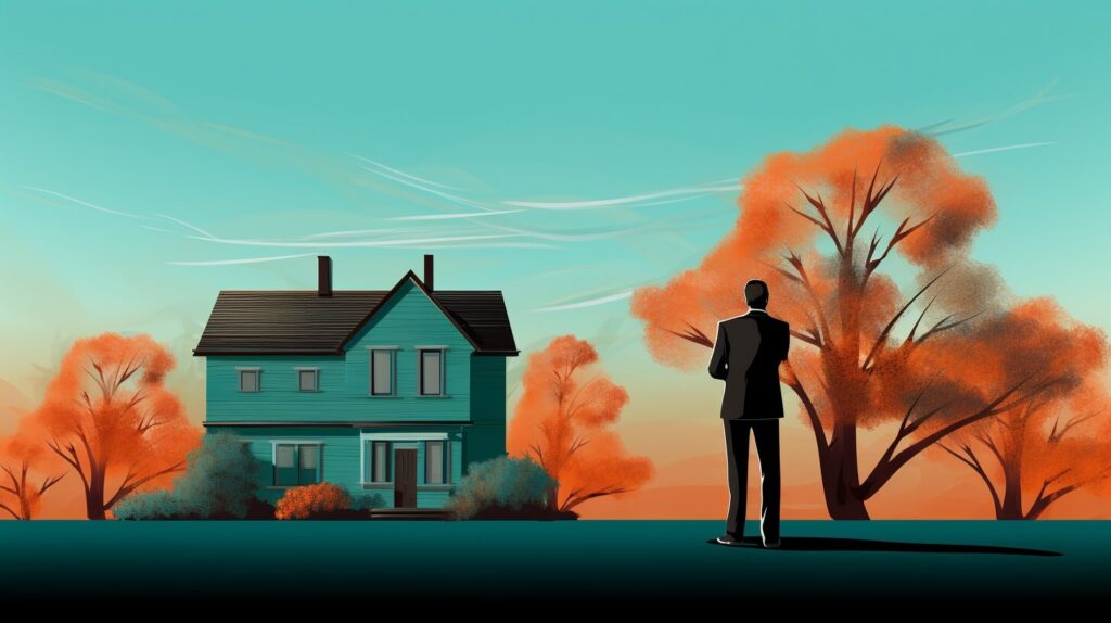 a man in a suit appraising a teal home
