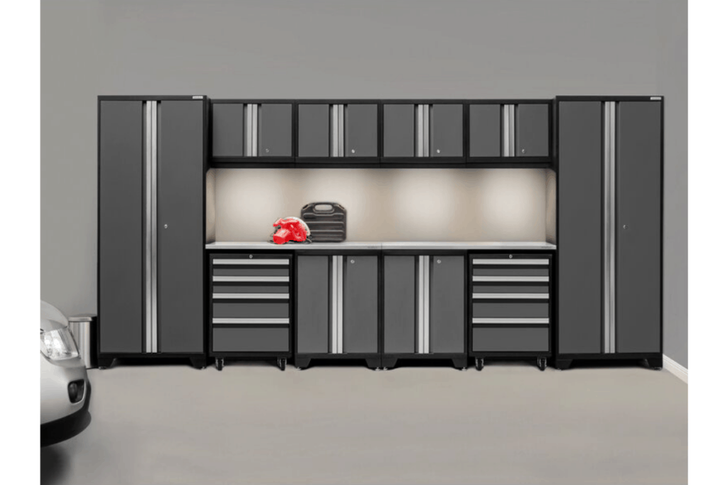 a very large, grey, metal garage storage cabinets