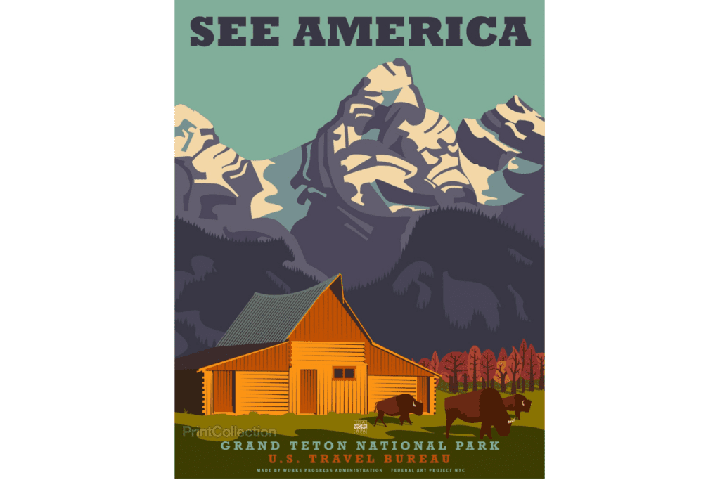 a retro drawn image of mountains with "see america" written on it