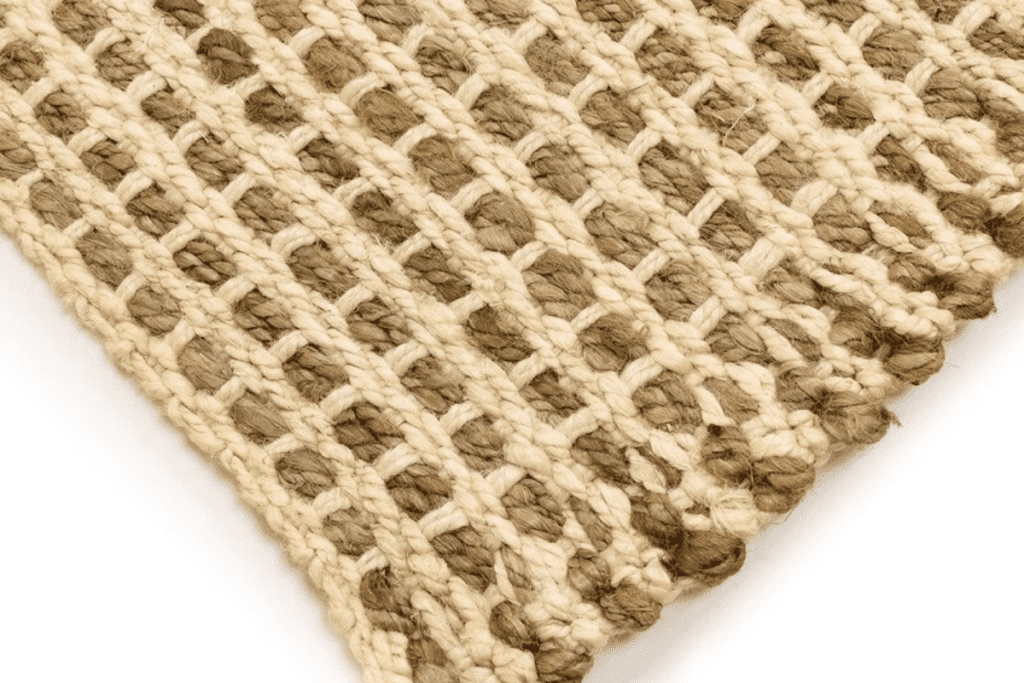 a checked handwoven beige and brown rug