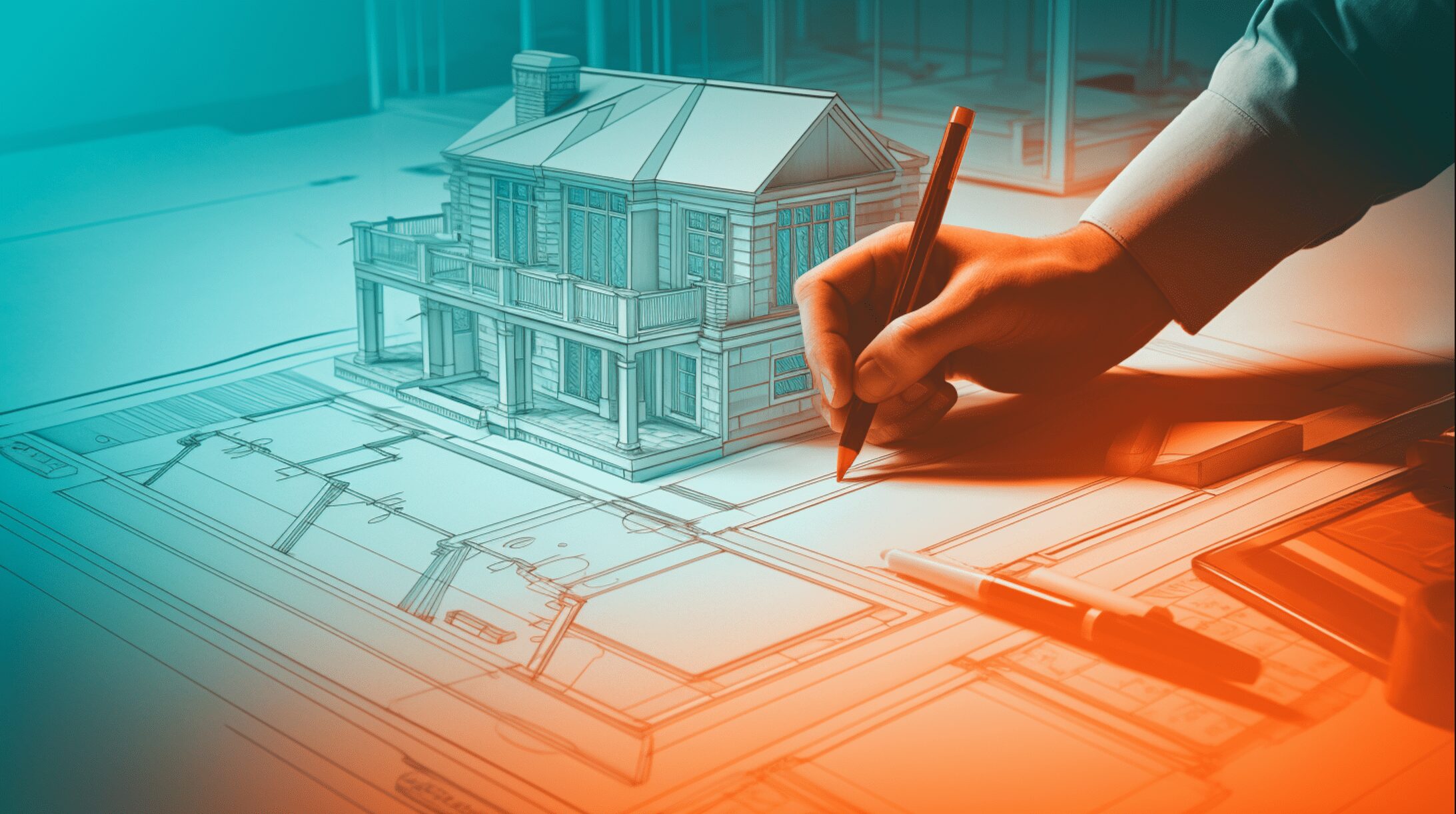 an upclose image of a man's hand drawing a house blueprint which has become 3D