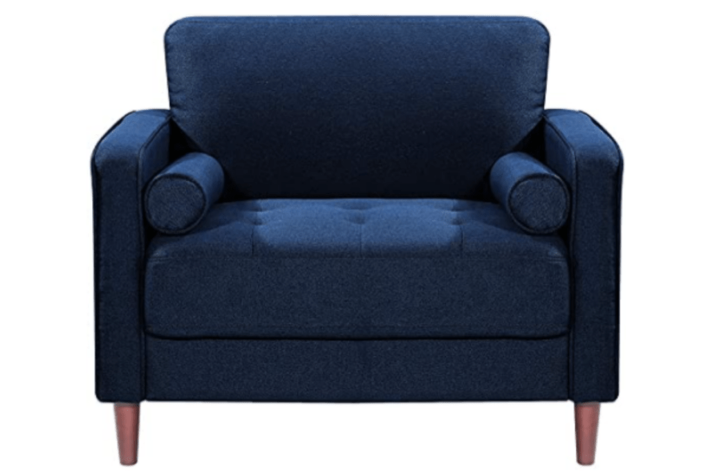 a wide, plush royal blue chair