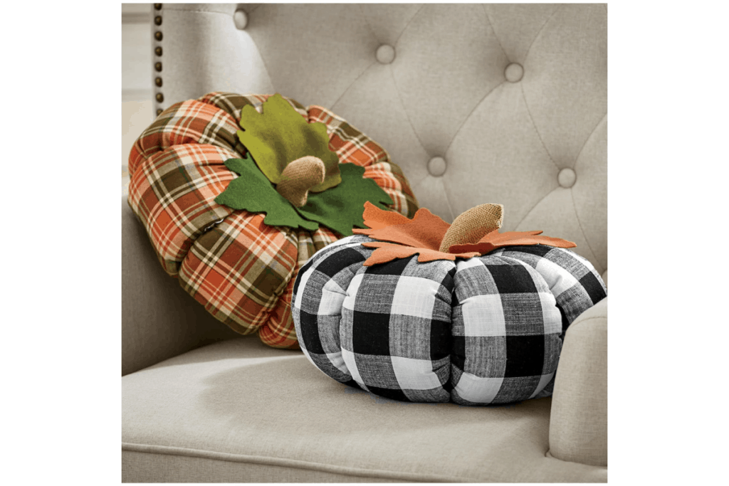 two plaid colorful pumpkin shaped pillows for fall decor