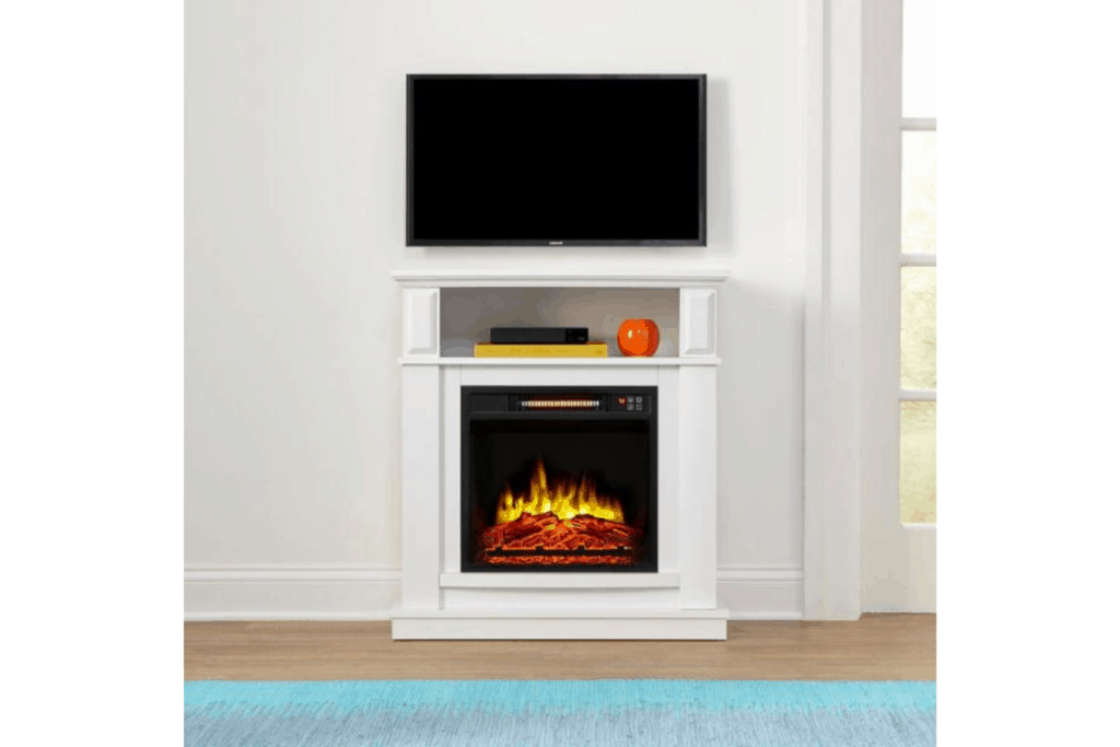 white electric faux fireplace with TV