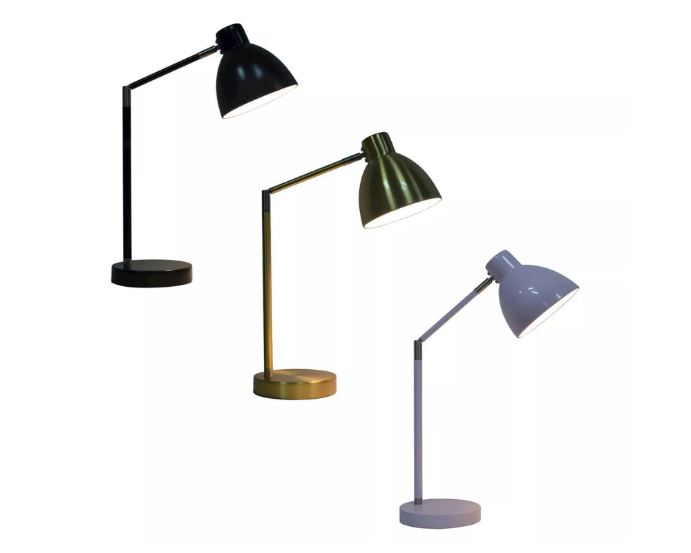 three desk lamps in black, bronze, and purple