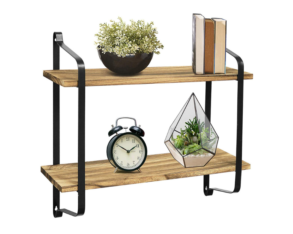 floating wooden shelf with miscellaneous items