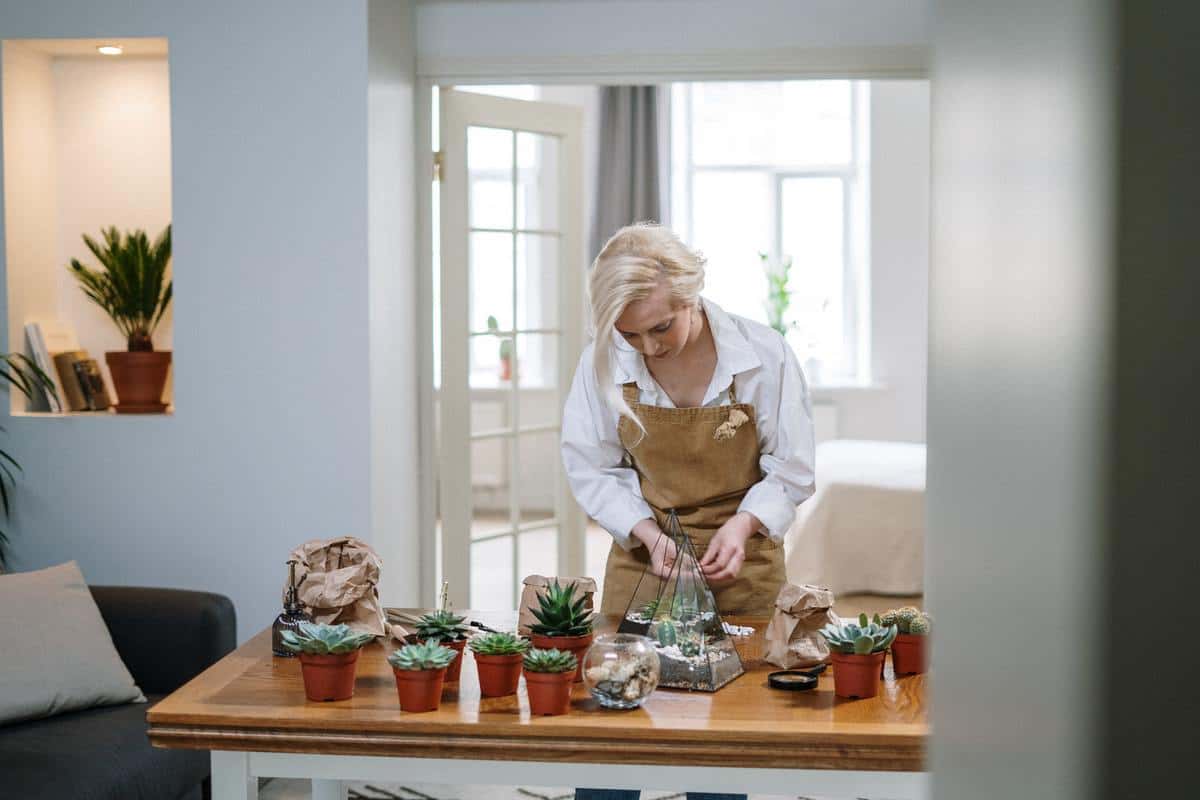a blonde woman tending to succulent houseplants
