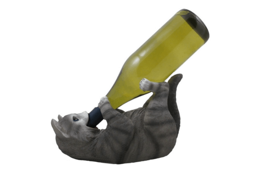 a cat wine holder looking like it's drinking from the bottle
