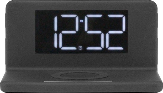 a grey digital alarm clock with a wireless charging pad