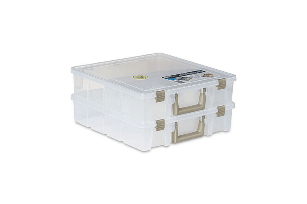 two clear small, flat, stacked organizing boxes