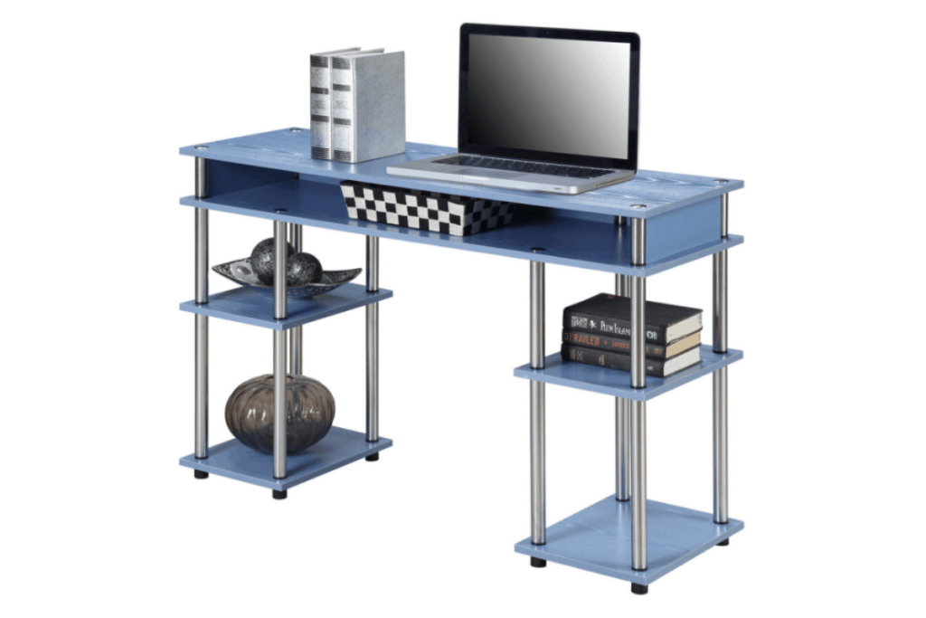 a blue desk with a variety of drawers and compartments
