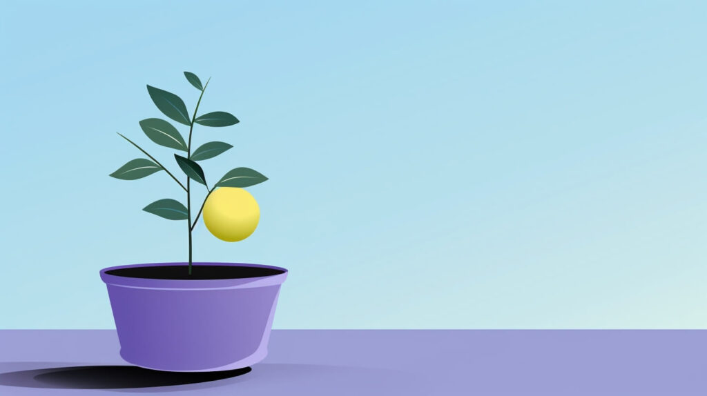 small lemon tree in a purple pot