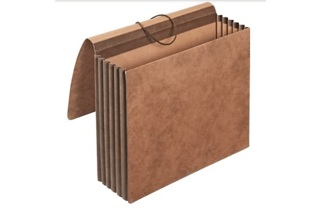 a tan expanding wallet file organizer