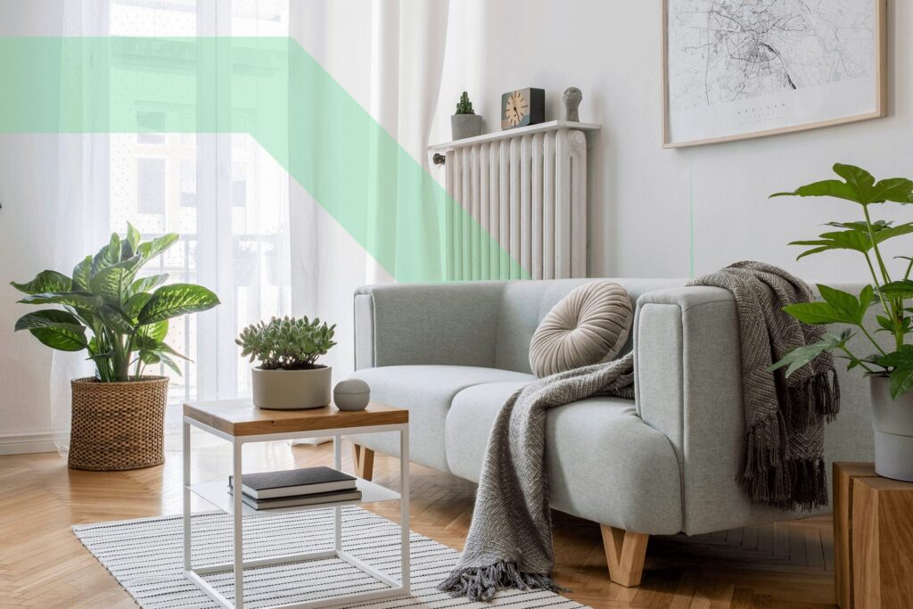small living room with a gray couch, coffee table, and several plants