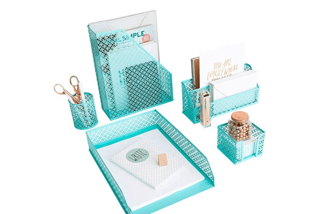 a collection of teal metal home office organizers
