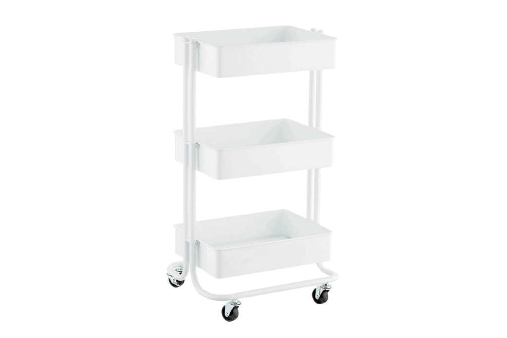 a three tier white rolling organizing cart 