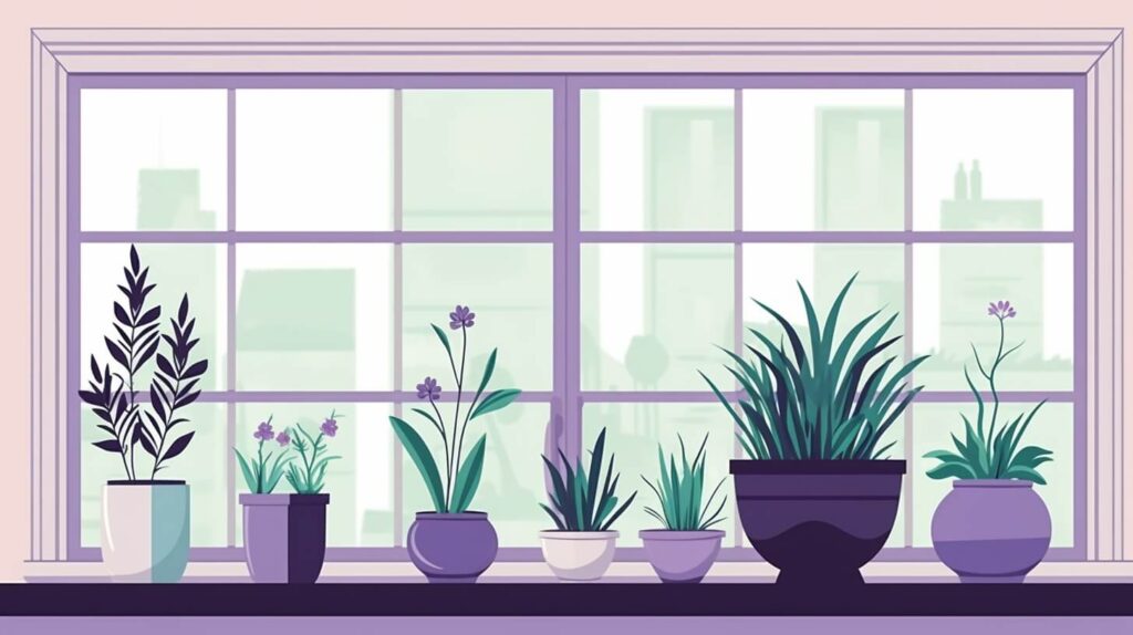 several plants in purple pots sitting on a window sill