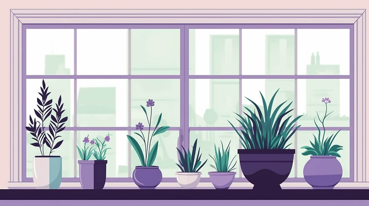 several plants in purple pots sitting on a window sill