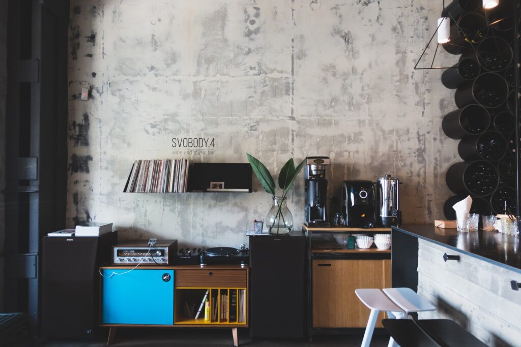 An industrial setting with a vintage record player and record