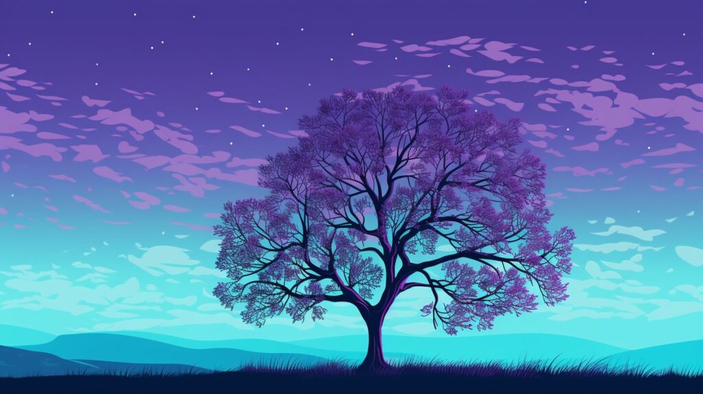 a large oak tree in front of a blue and purple sky
