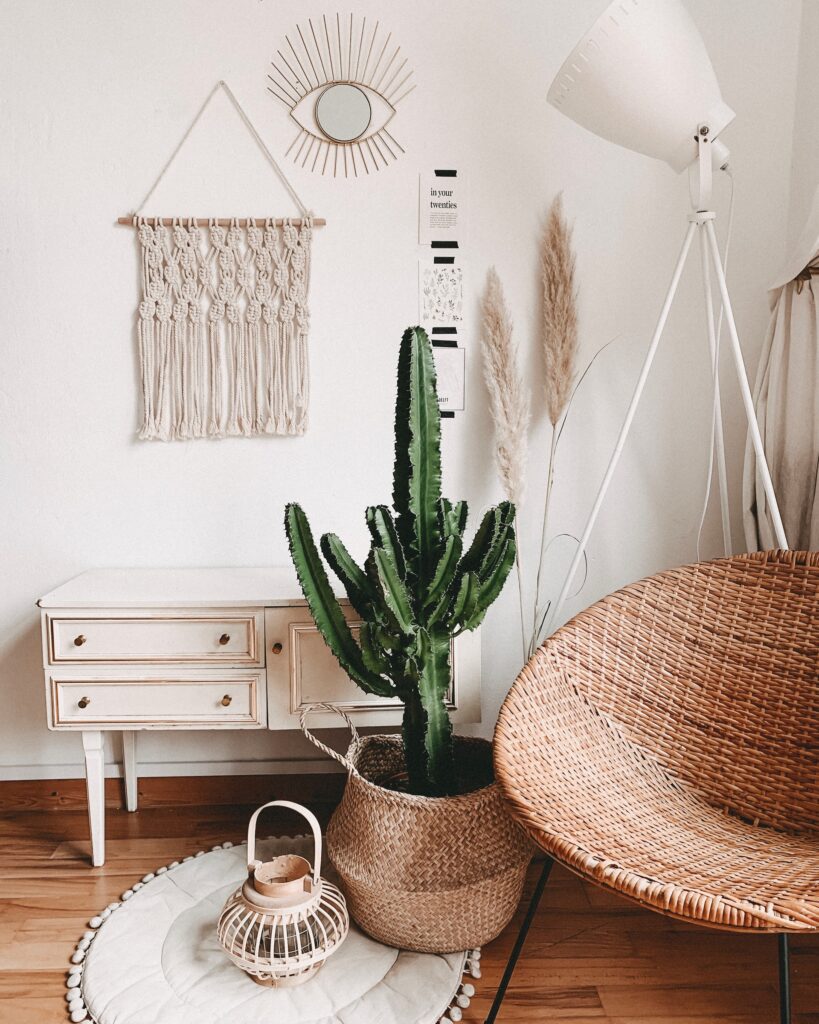 a boho living room with an off-white theme