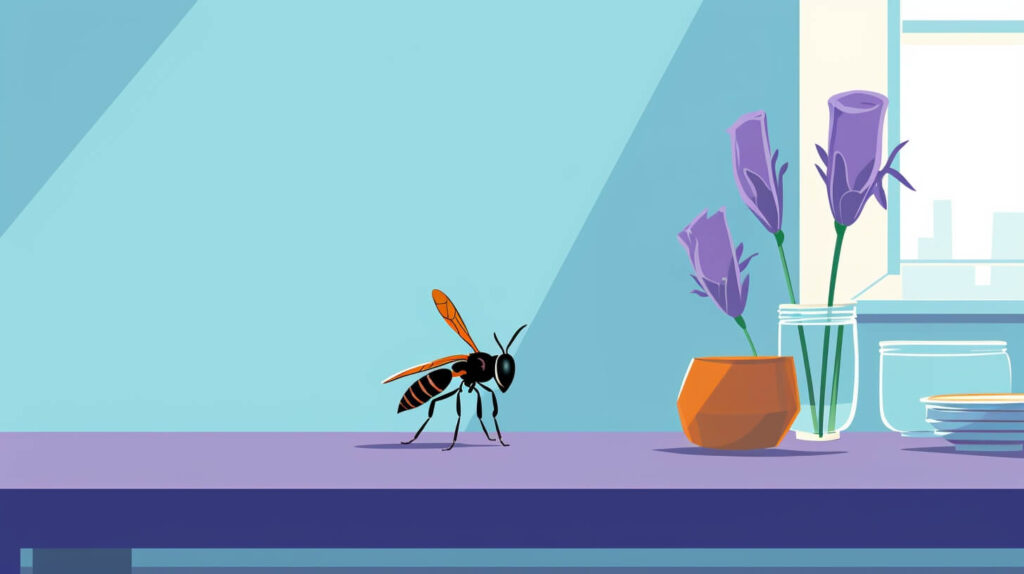 a wasp on a kitchen table next to flowers