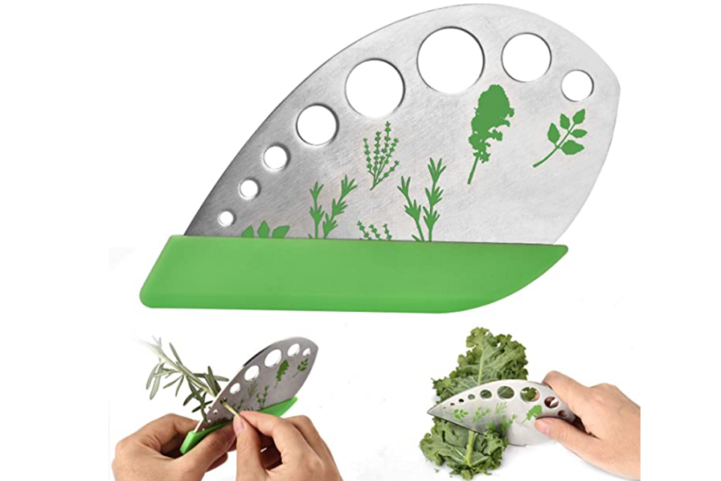 a silver herb stripper with a green handle with multiple sized holes