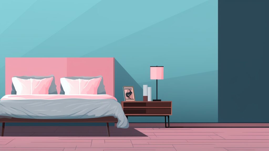 a bedroom with teal walls and a pink bed