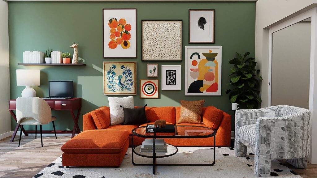 a colorful retro living room with asymmetrical gallery wall design