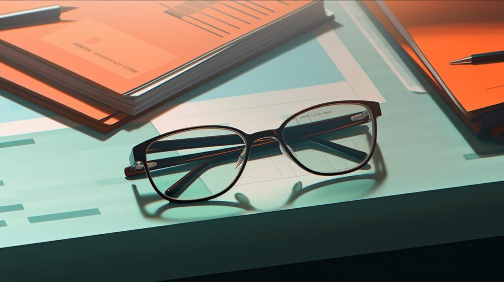 Reading glasses folded and resting on a desk with papers