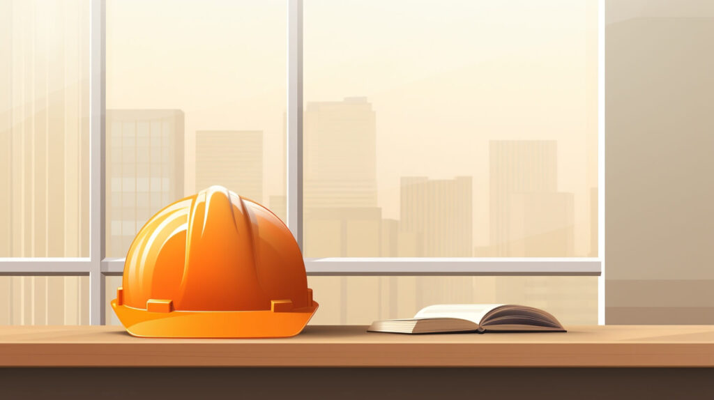orange hard hat sitting on a desk in front of a window