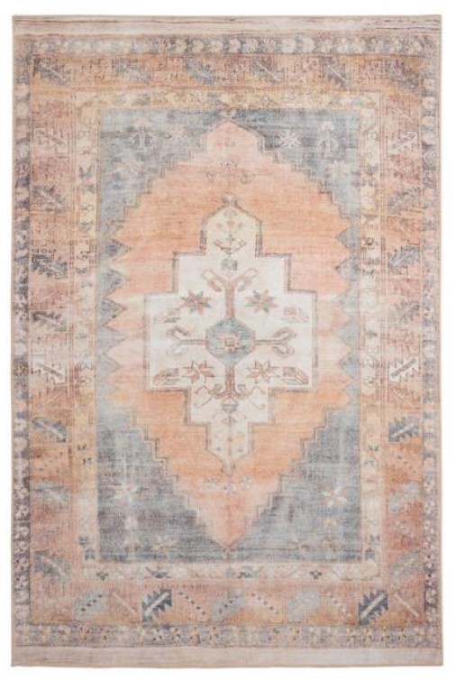 a blue and blush patterned rug