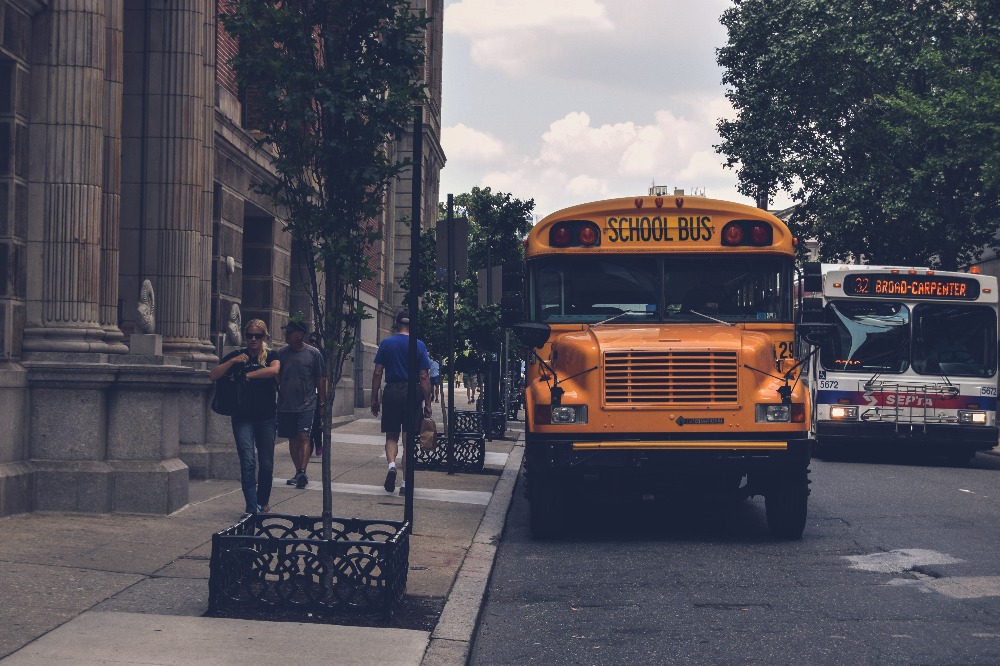 a school bus in front of a building
