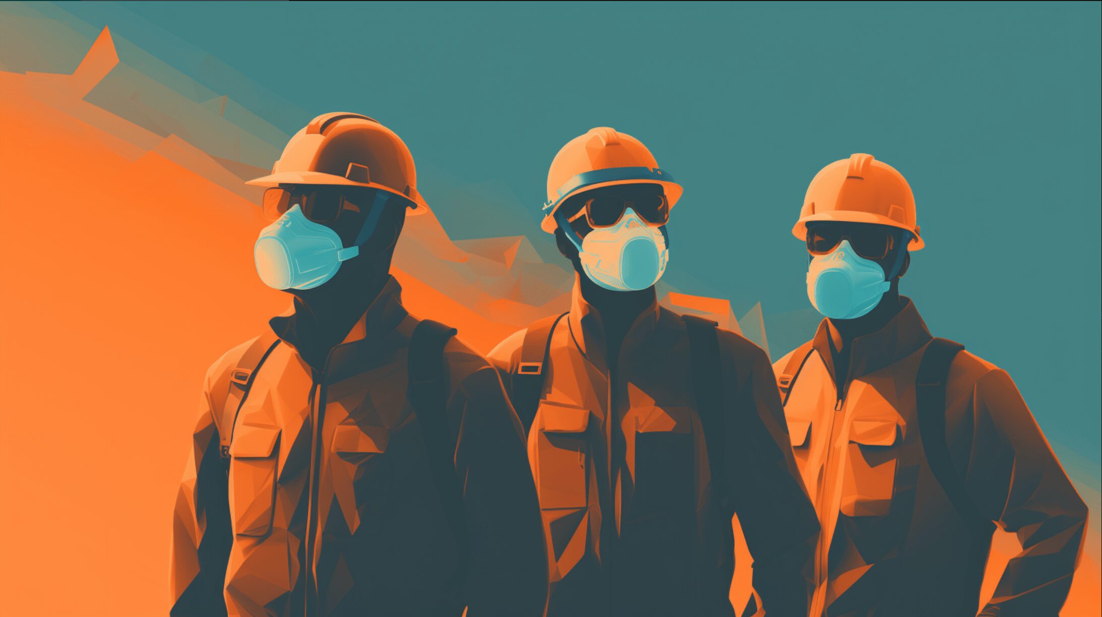 three men wearing PPE for construction; helmets, masks, work suits, etc.