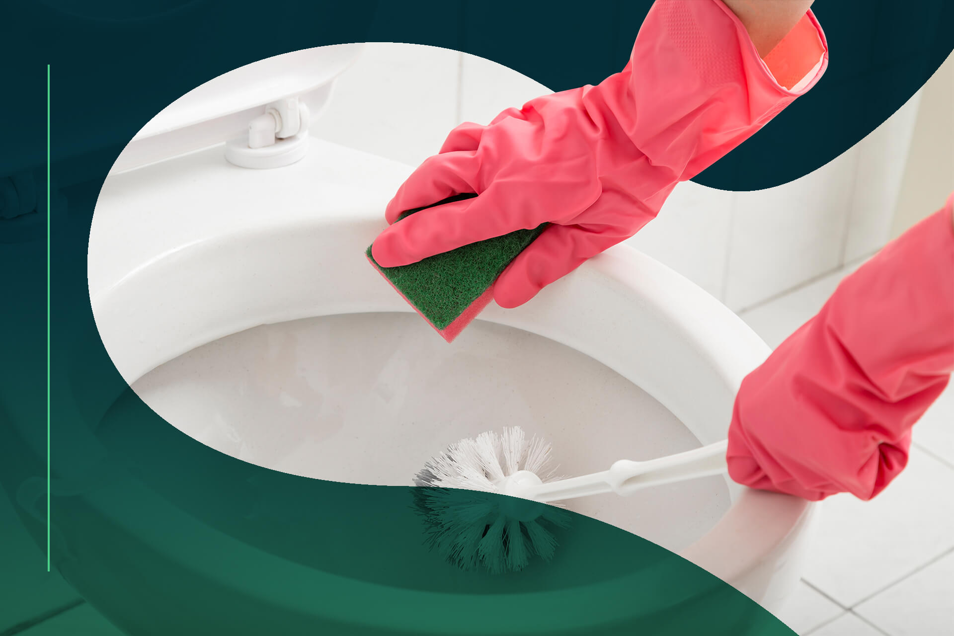 pink gloved hands scrubbing a toilet