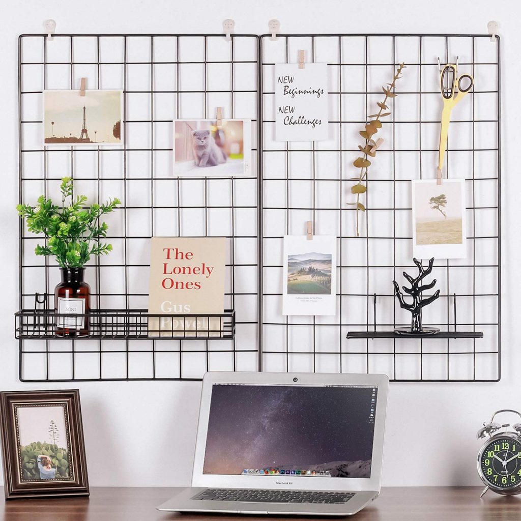 a metal wall organizer with various trinkets