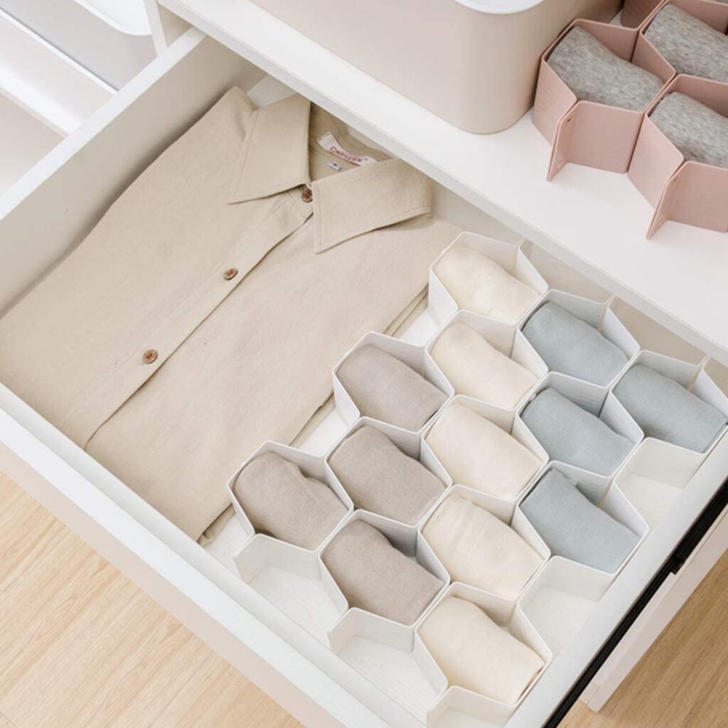 multi-colored honeycomb drawer organizers