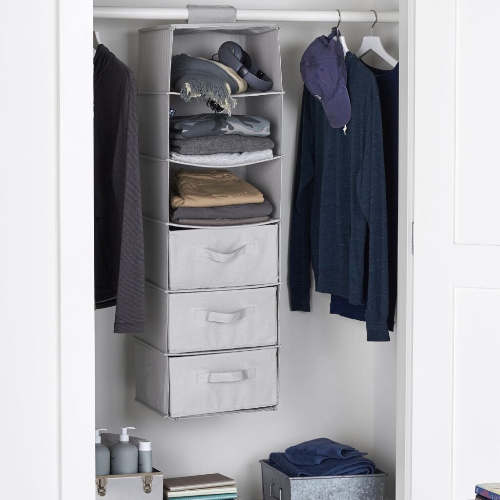 a grey hanging closet organizer with drawers