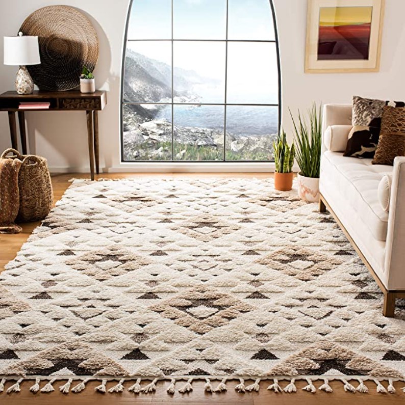 neutral patterned moroccan tassel shag area rug