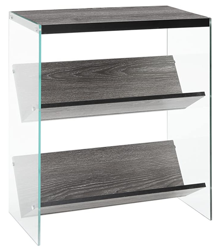 weathered grey wooden bookcase with glass