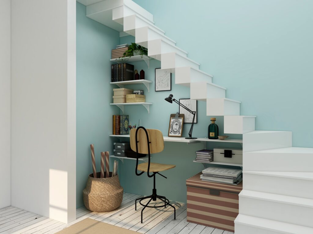 a work from home space under the stairs