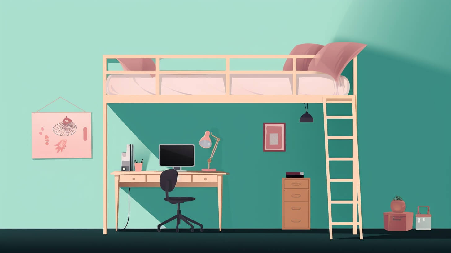 pink lofted bed with a desk and dresser underneath