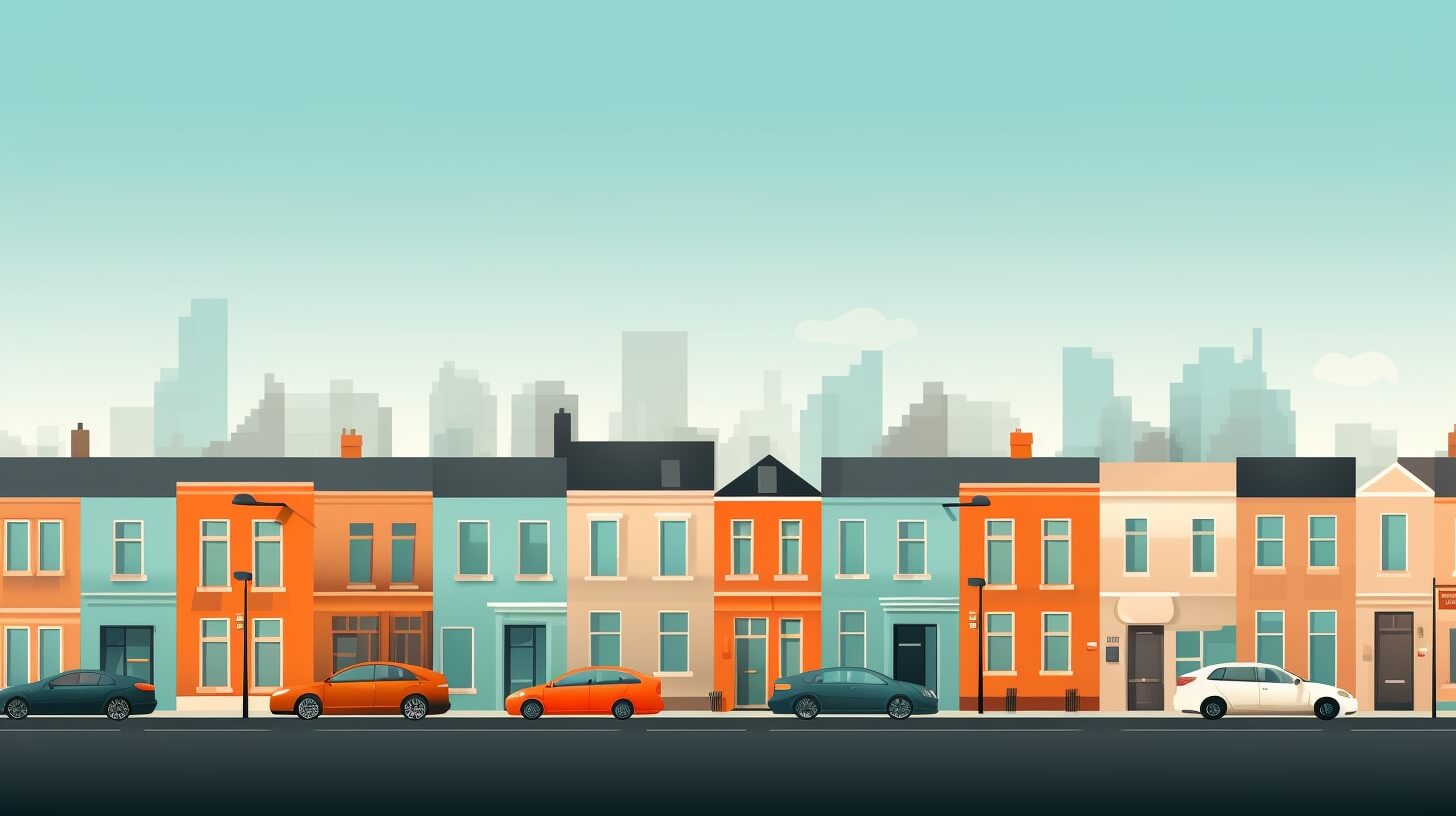 row of teal and orange homes against a busy street