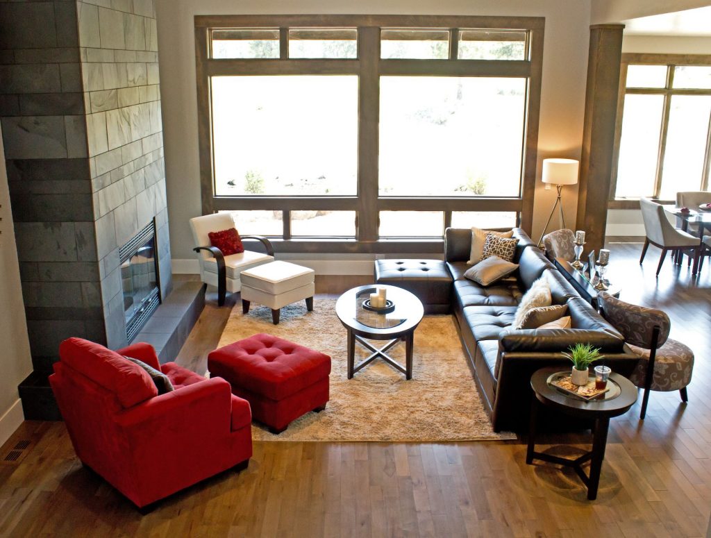 a living room with large bright open windows