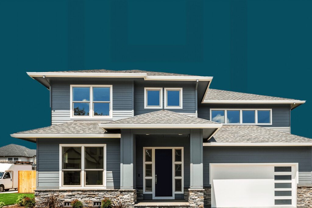 gray modern home bought without a realtor with a teal background