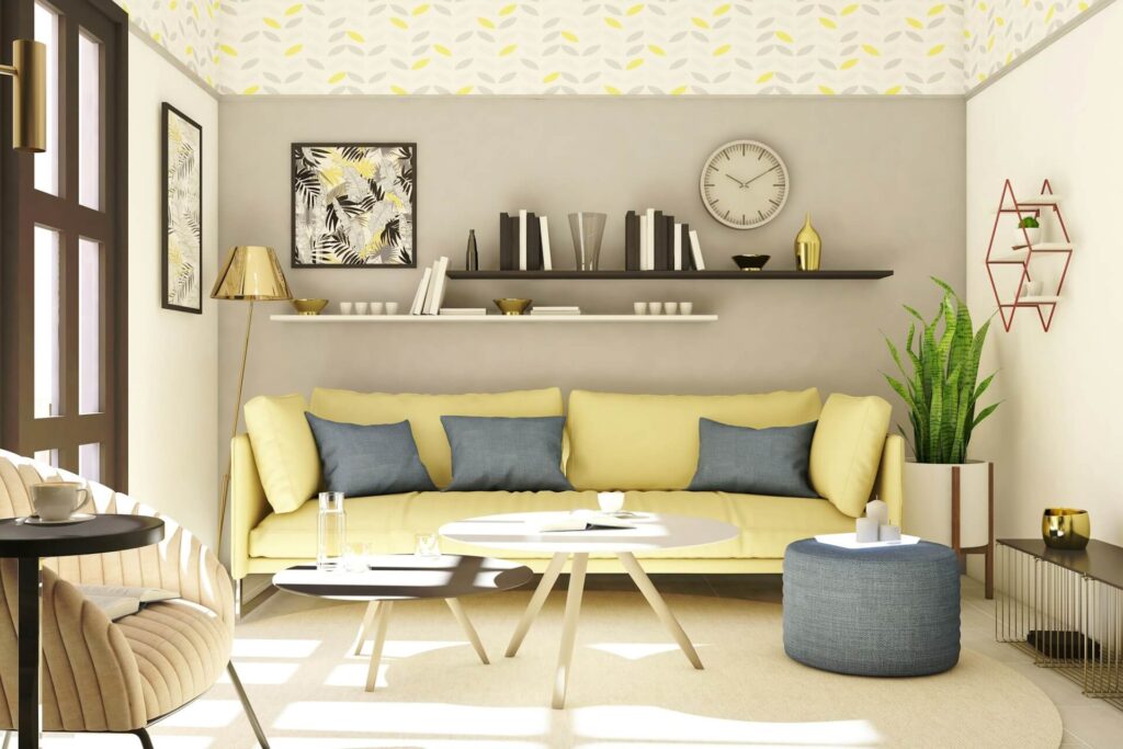 Yellow sofa and gray pillows are perfectly matched to tan walls.